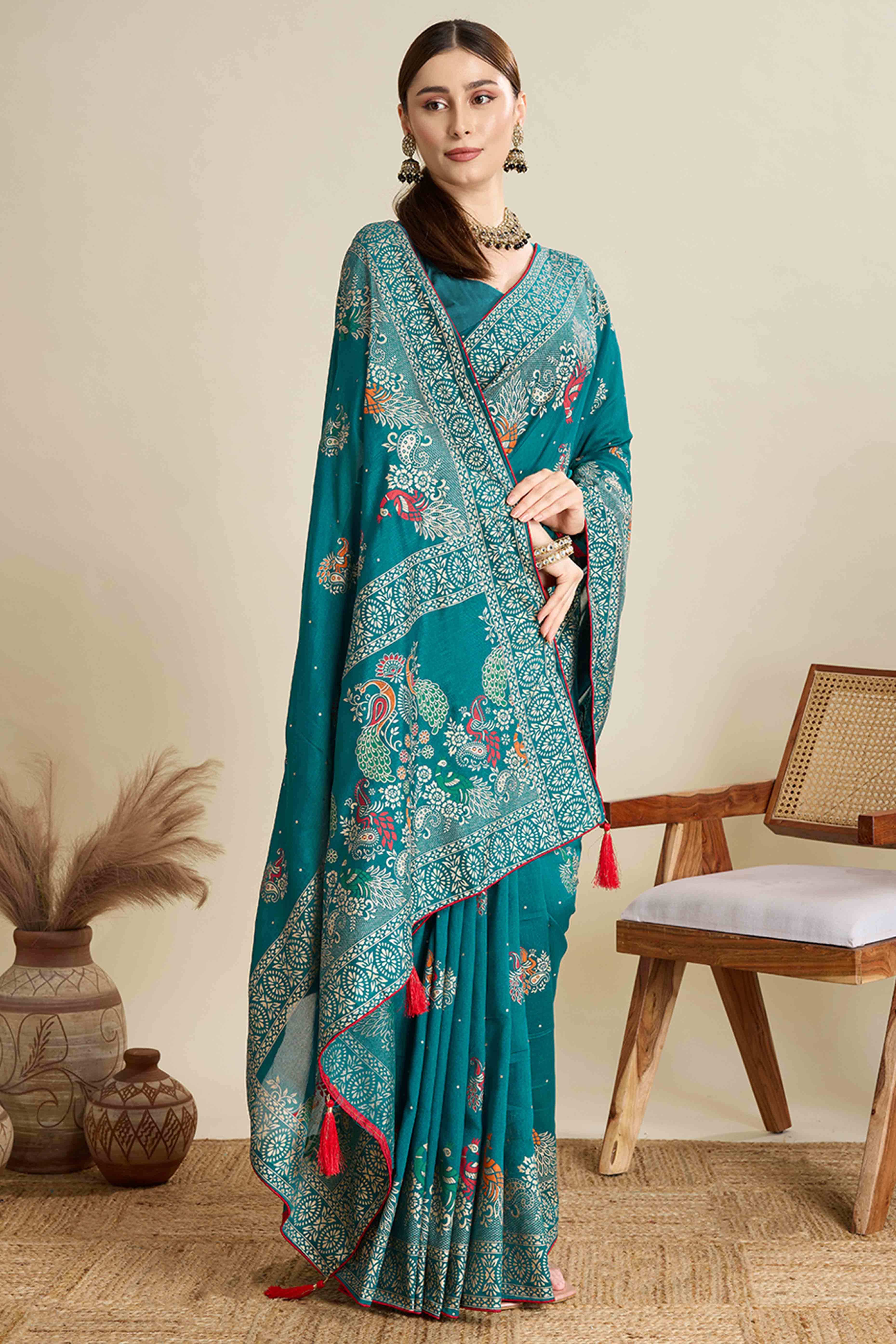 Rama Green Lightweight Cotton Silk Saree with Delicate Paisley Prints