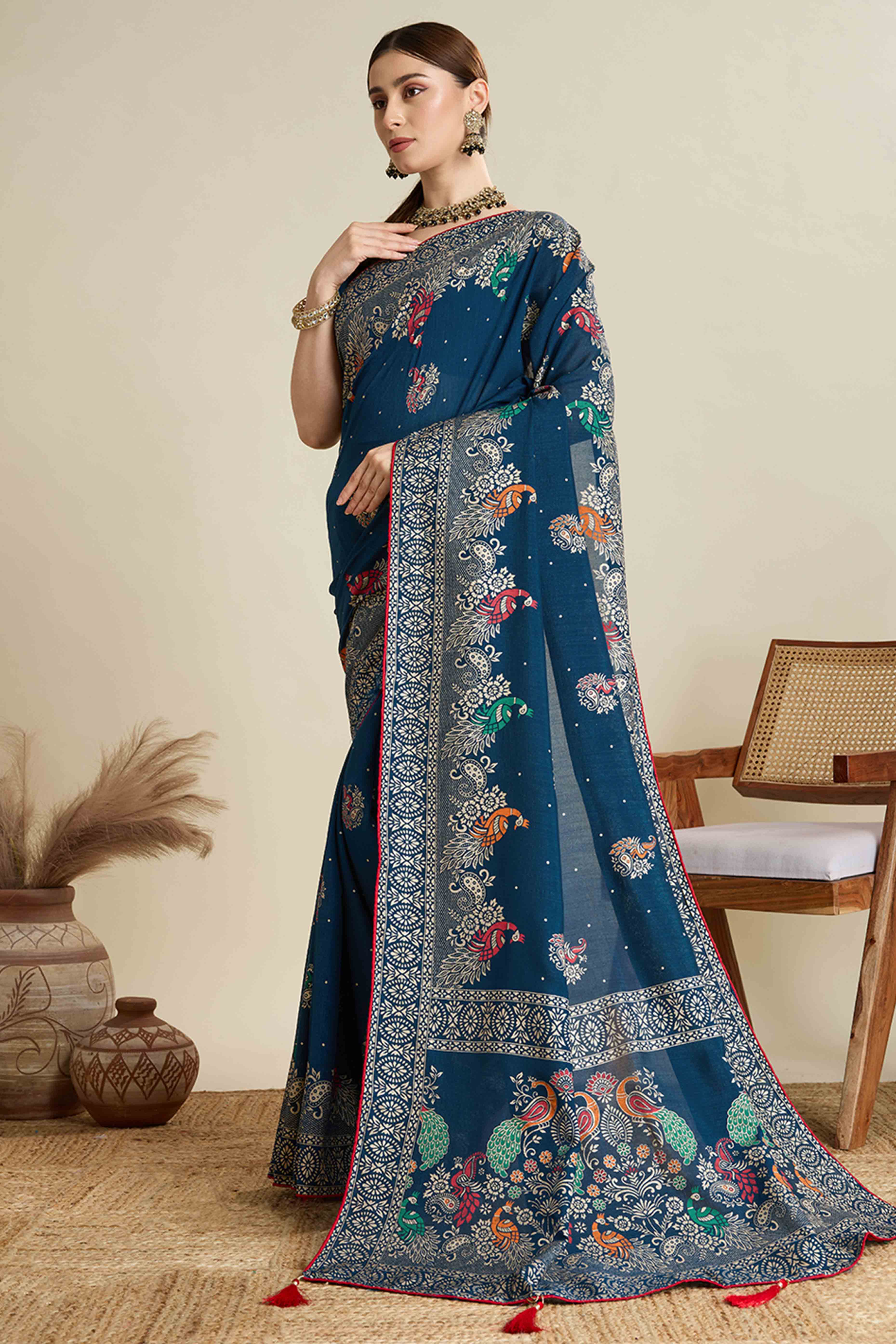 Teal Lightweight Cotton Silk Saree with Delicate Paisley Prints