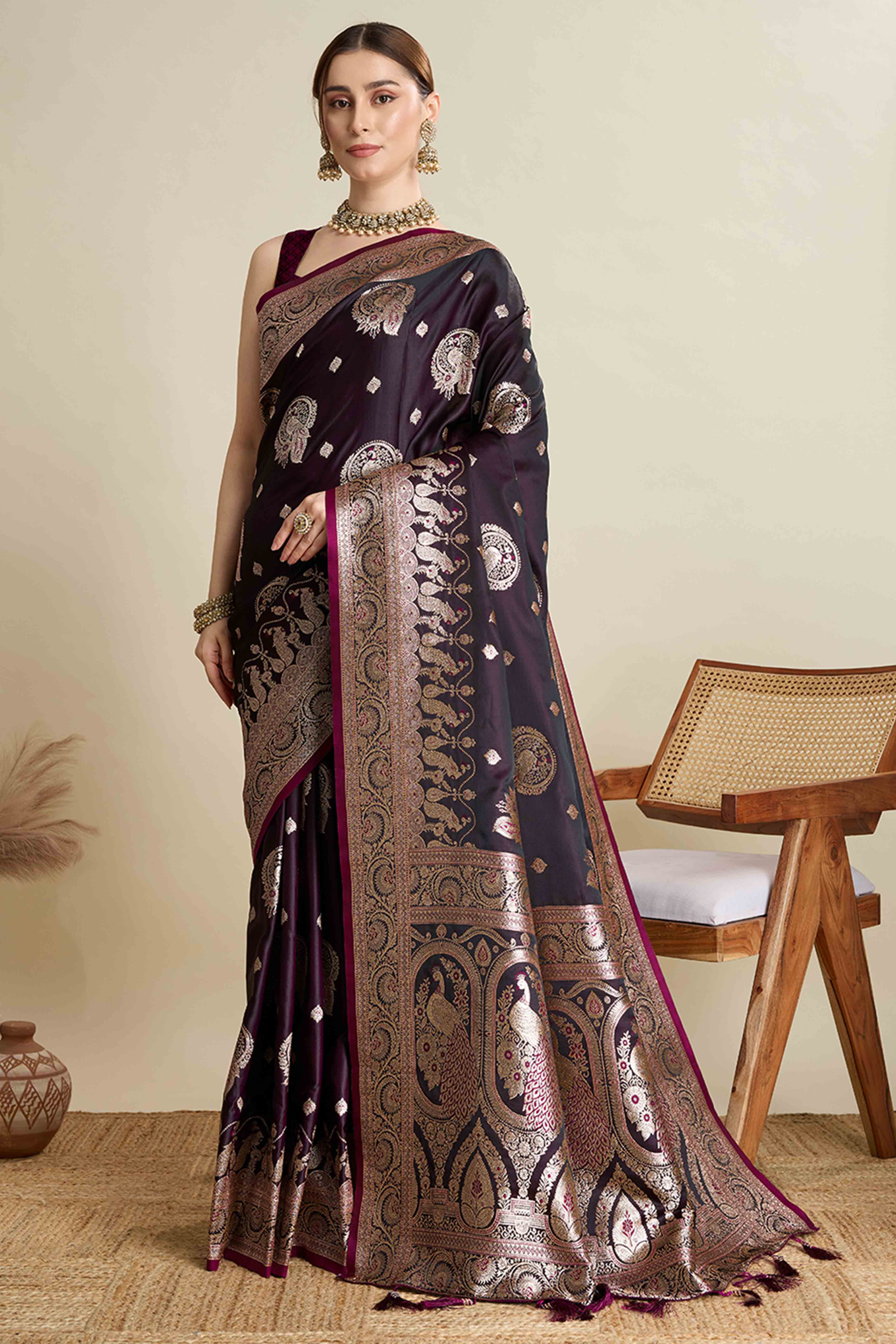 Wine Pure Silk Saree Featuring Traditional Banarasi Zari Weaving Patterns