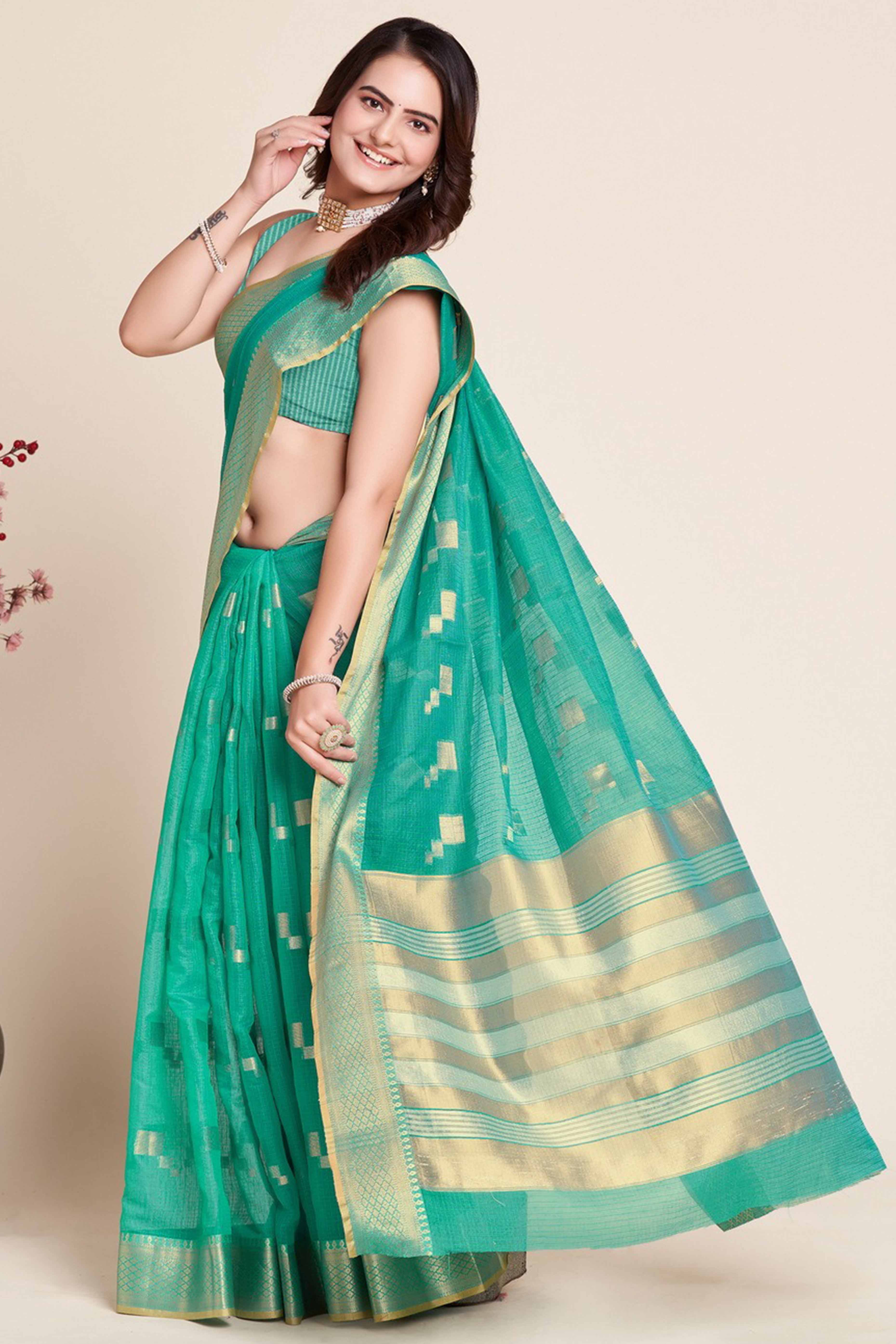 Green Zari Weaving Kota Doria Saree