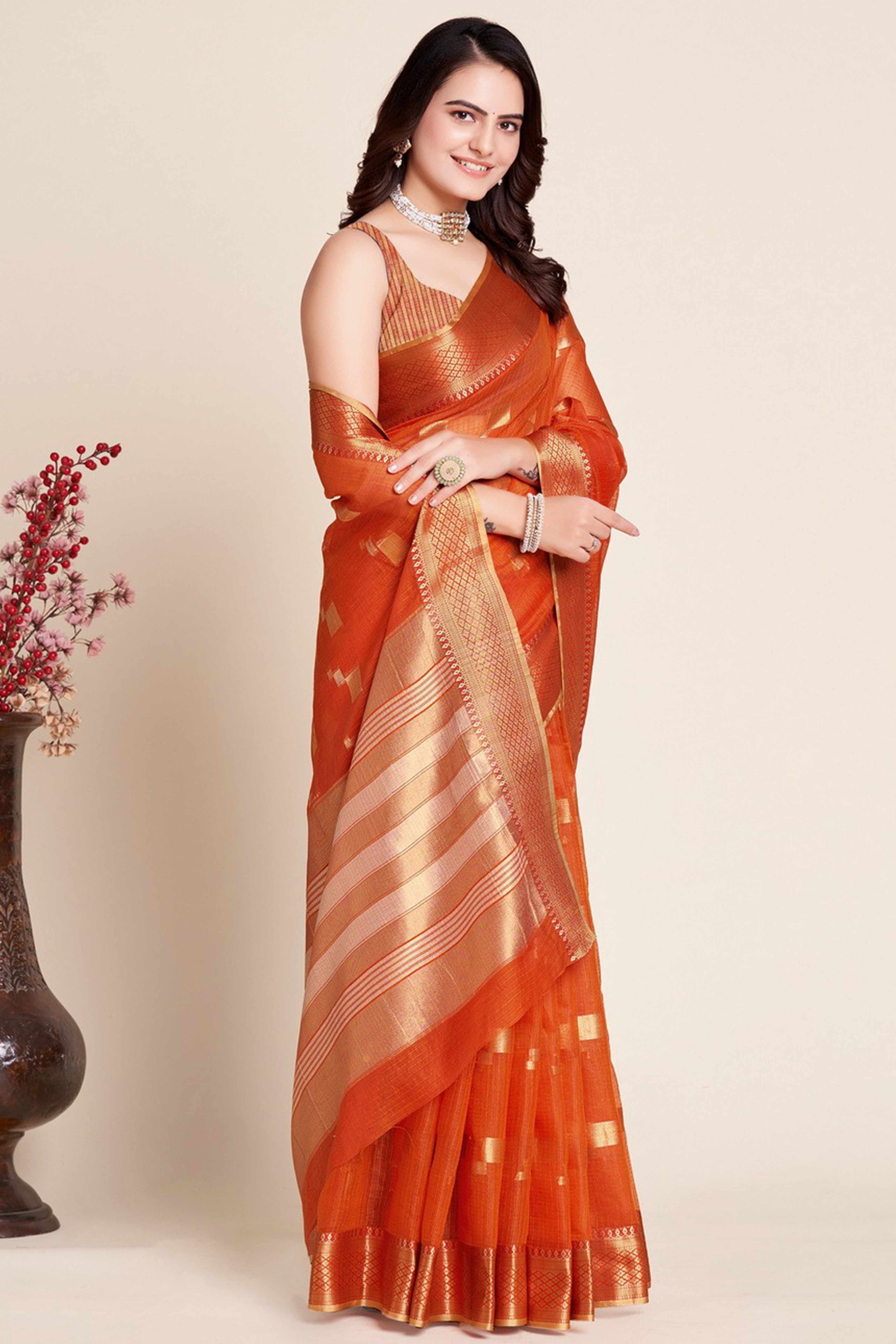 Rust Zari Weaving Kota Doria Saree
