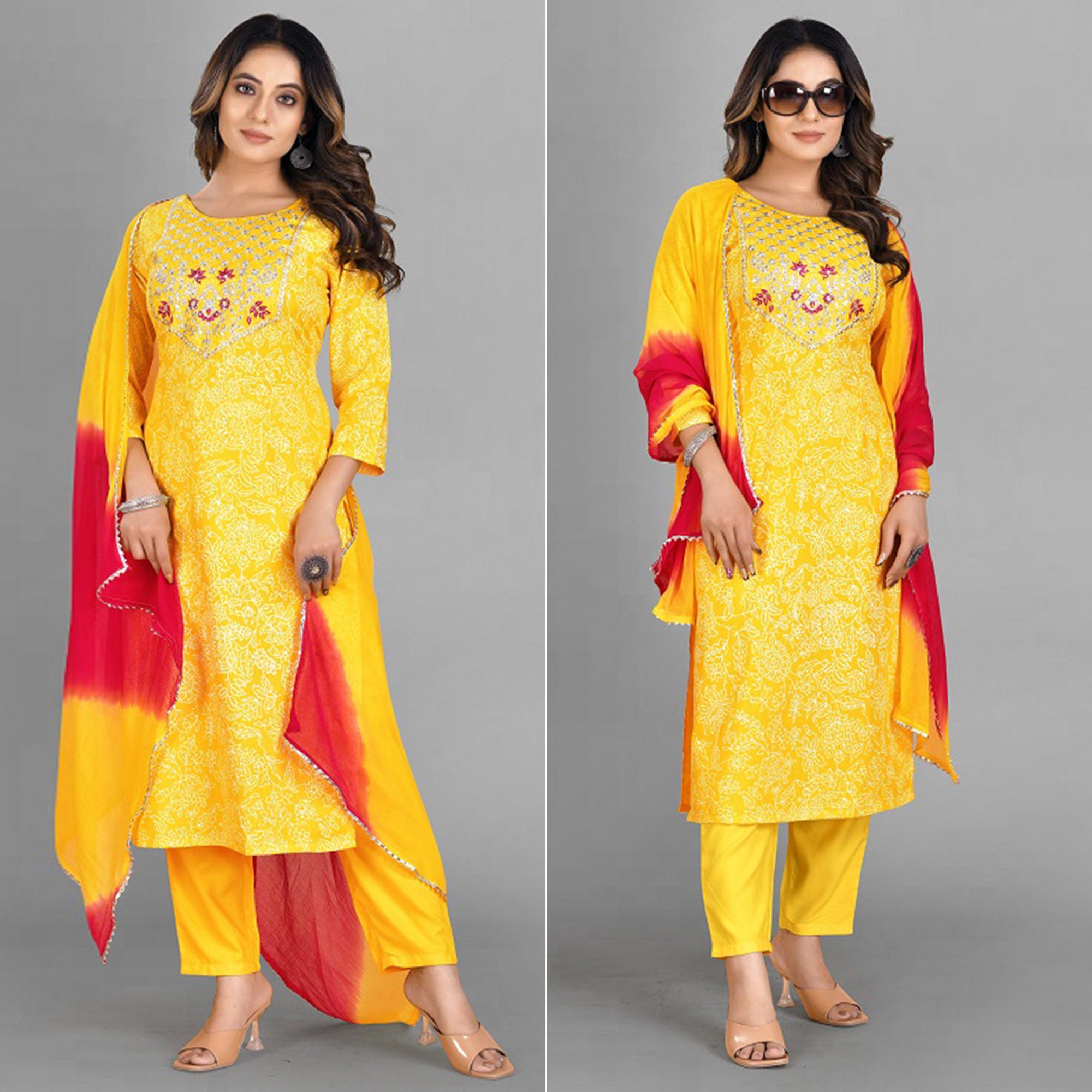 Yellow Embroidered Rayon Silk Kurti Set