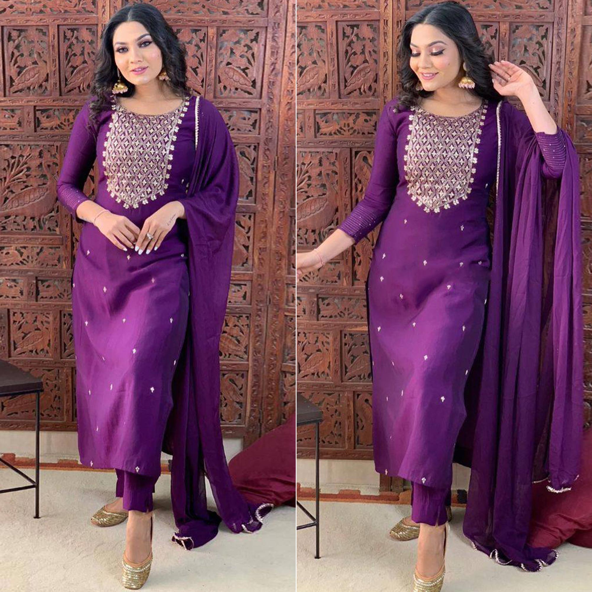 Purple Sequins Embroidered Rayon Silk Kurti Set