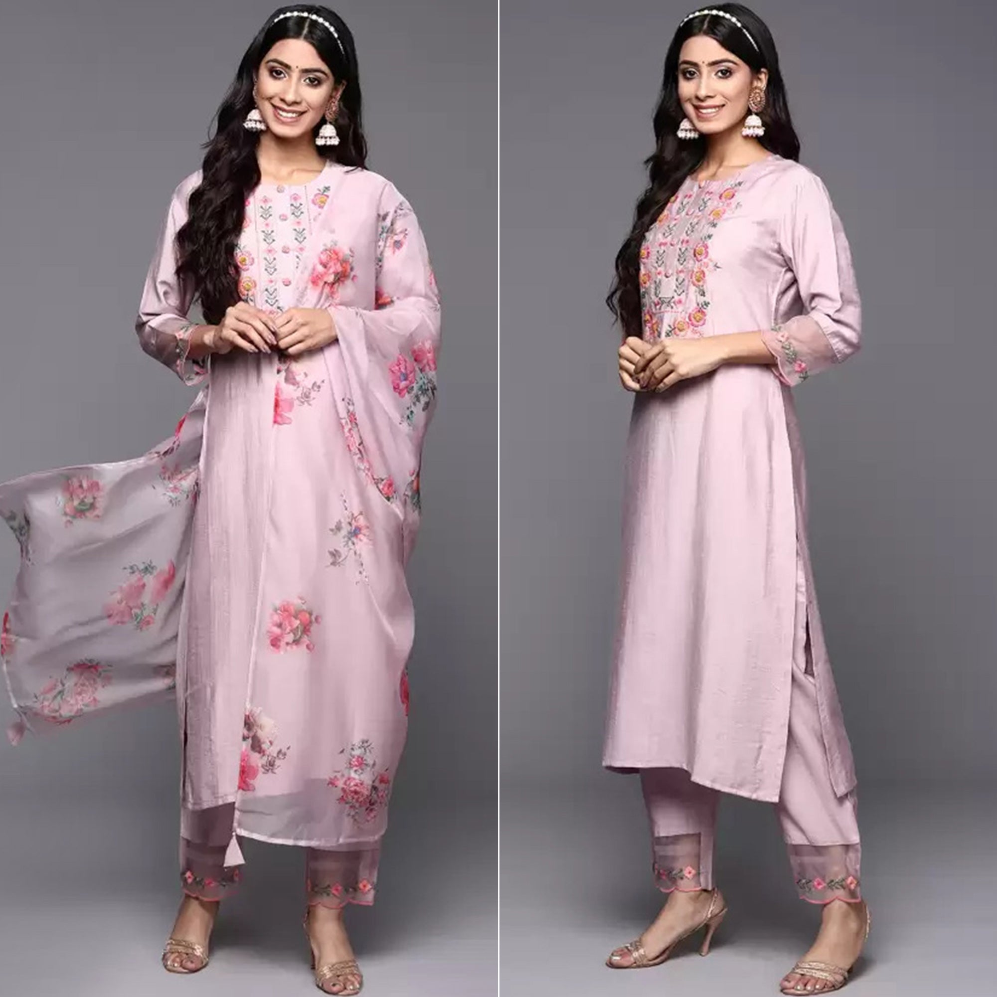 Pink Floral Embroidered Viscose Suit