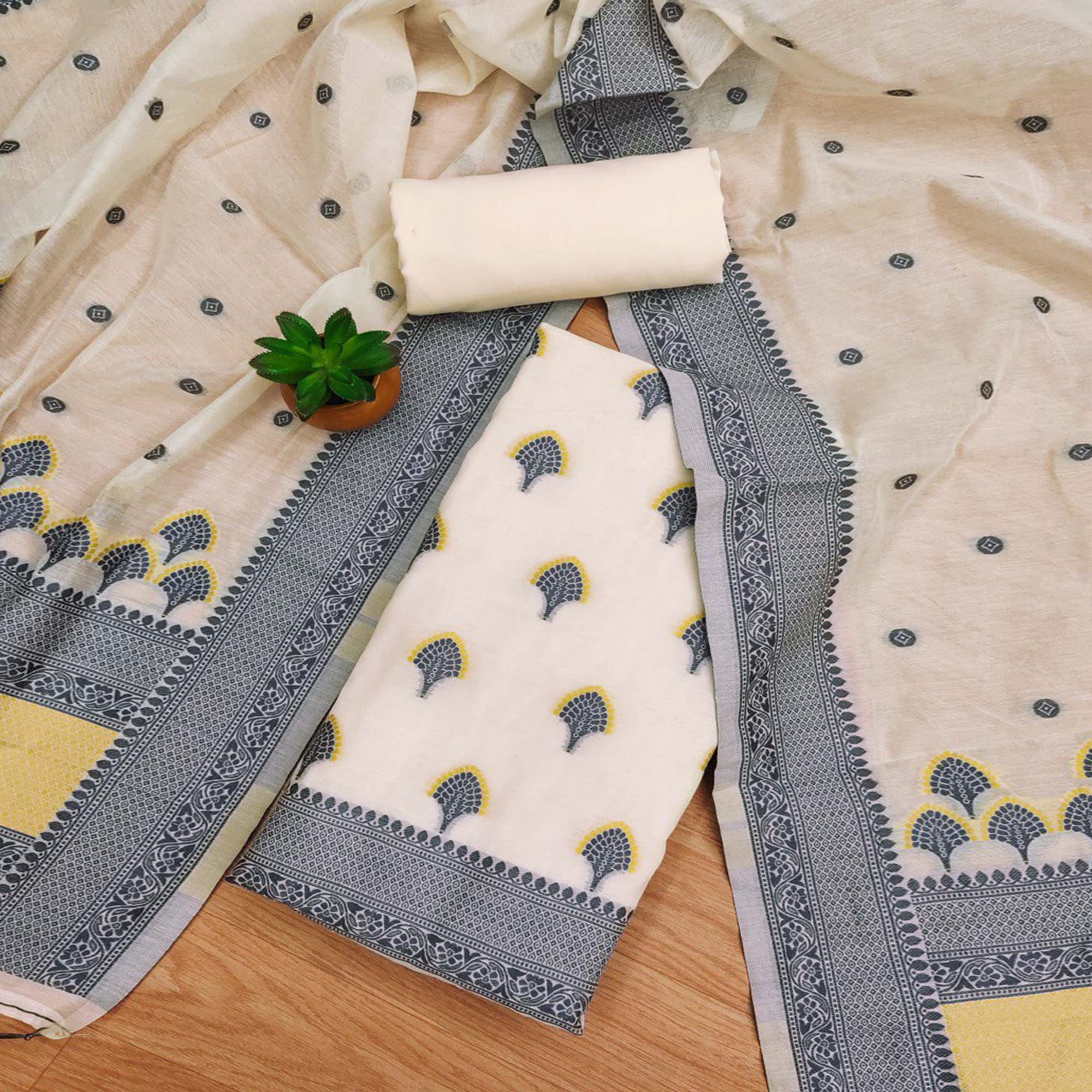 Offwhite & Grey Floral Woven Chanderi Dress Material