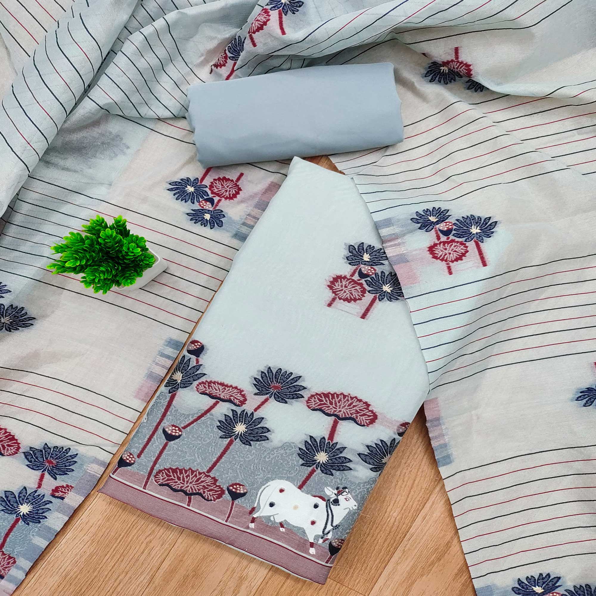 Grey Cotton Blend Dress Material With Intricate Floral Zari Weaving Detail