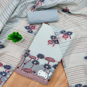 Grey Cotton Blend Dress Material With Intricate Floral Zari Weaving Detail