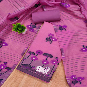 Pink Cotton Blend Dress Material With Intricate Floral Zari Weaving Detail