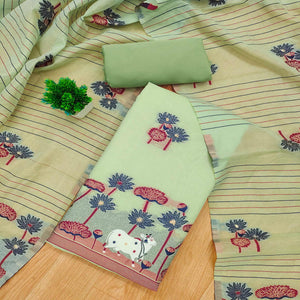 Pista Green Cotton Blend Dress Material With Intricate Floral Zari Weaving Detail
