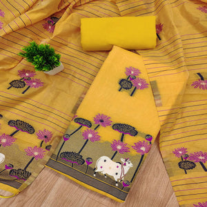Yellow Cotton Blend Dress Material With Intricate Floral Zari Weaving Detail