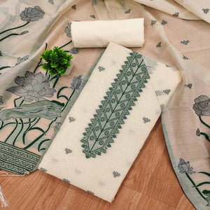 Cream Ethnic Dress Material Showcasing Handloom Style Floral Zari Weaving