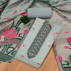 Grey Ethnic Dress Material Showcasing Handloom Style Floral Zari Weaving