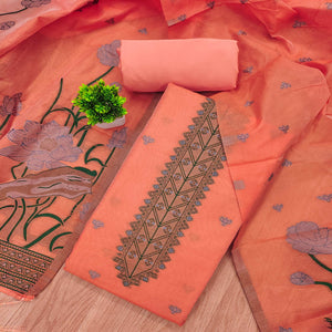 Peach Ethnic Dress Material Showcasing Handloom Style Floral Zari Weaving
