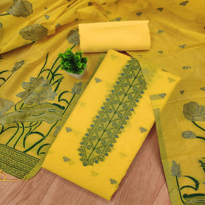 Yellow Ethnic Dress Material Showcasing Handloom Style Floral Zari Weaving