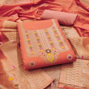 Peach Floral Woven Chanderi Dress Material