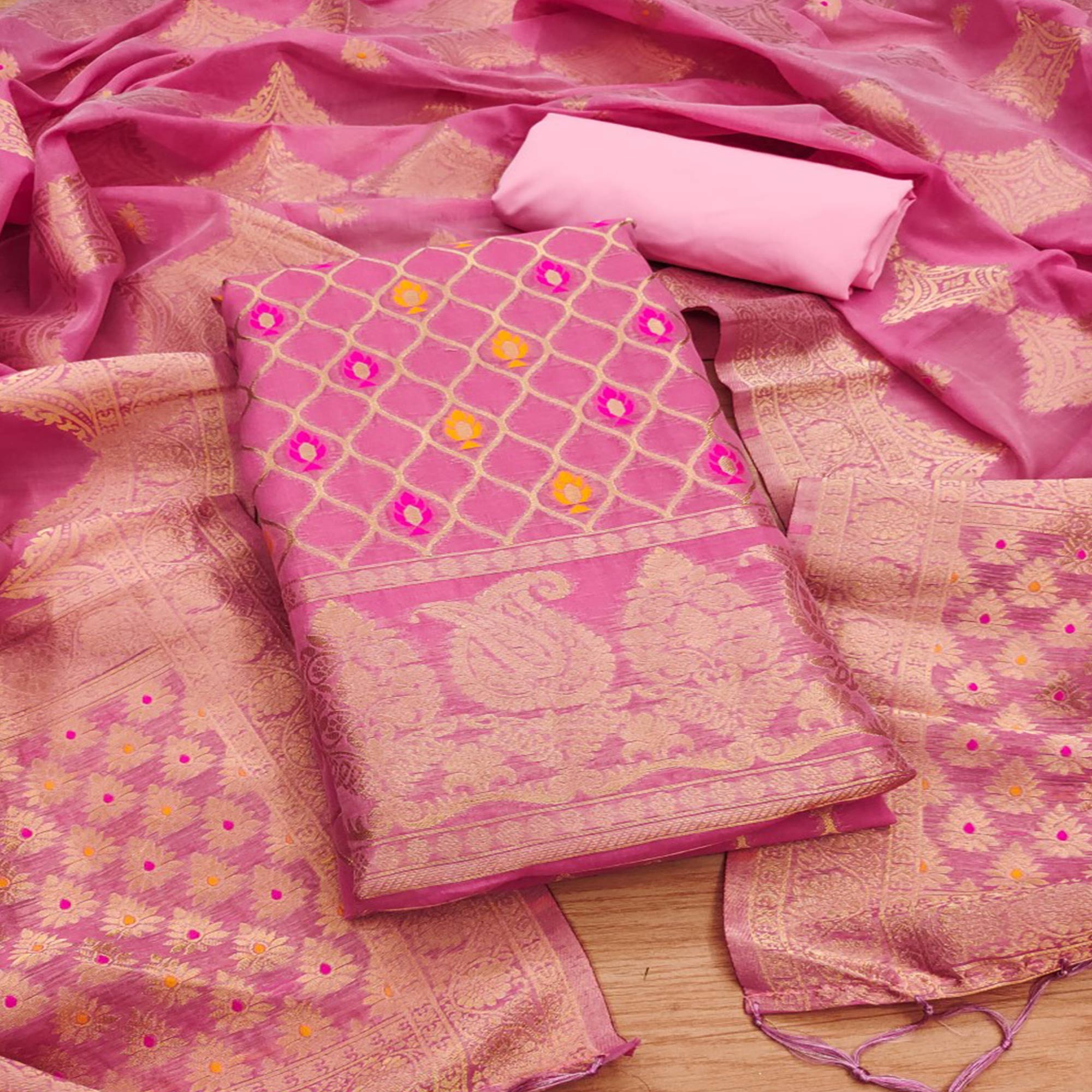 Pink Woven Chanderi Dress Material