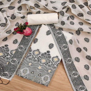 Offwhite & Black Floral Woven Chanderi Dress Material