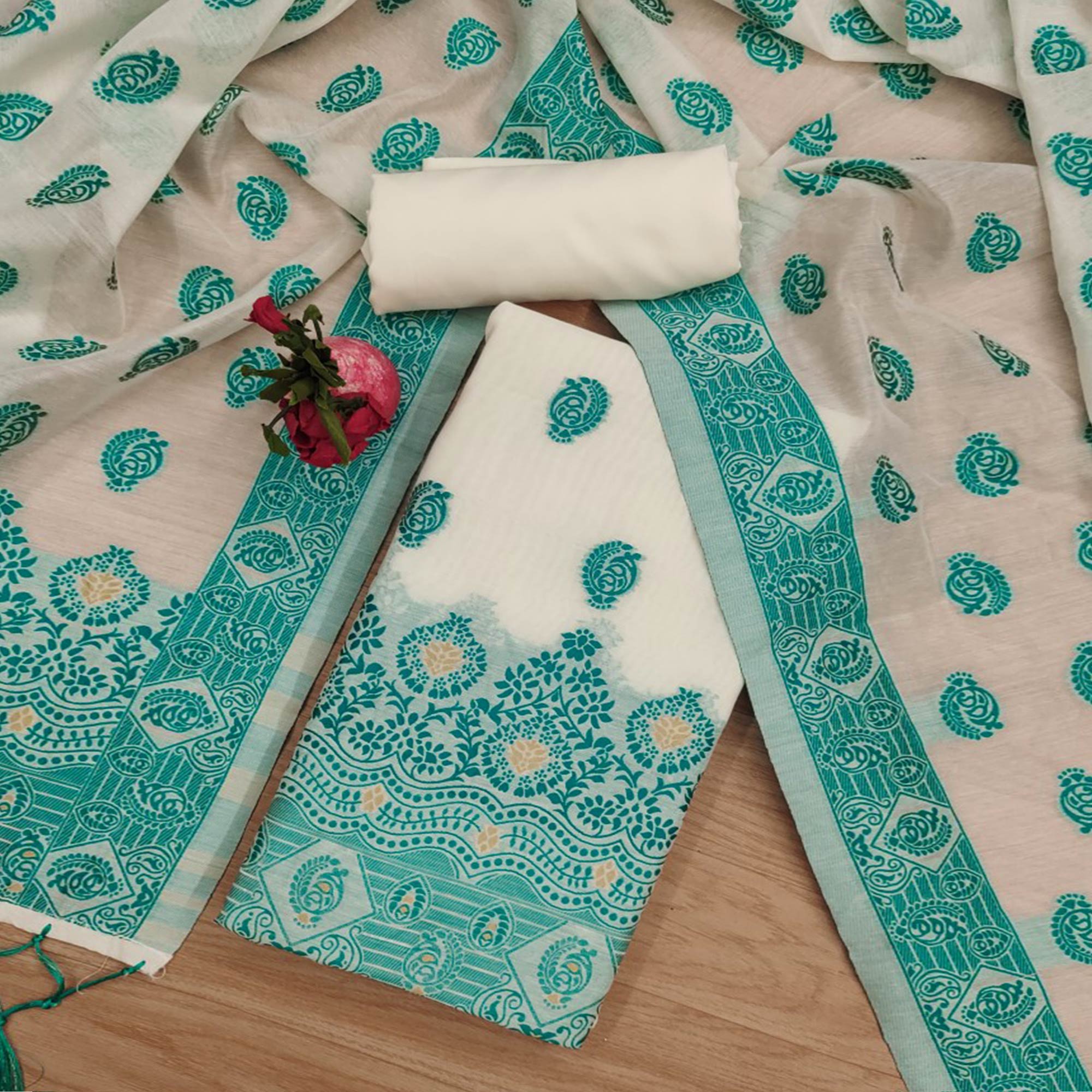 Offwhite & Teal Floral Woven Chanderi Dress Material