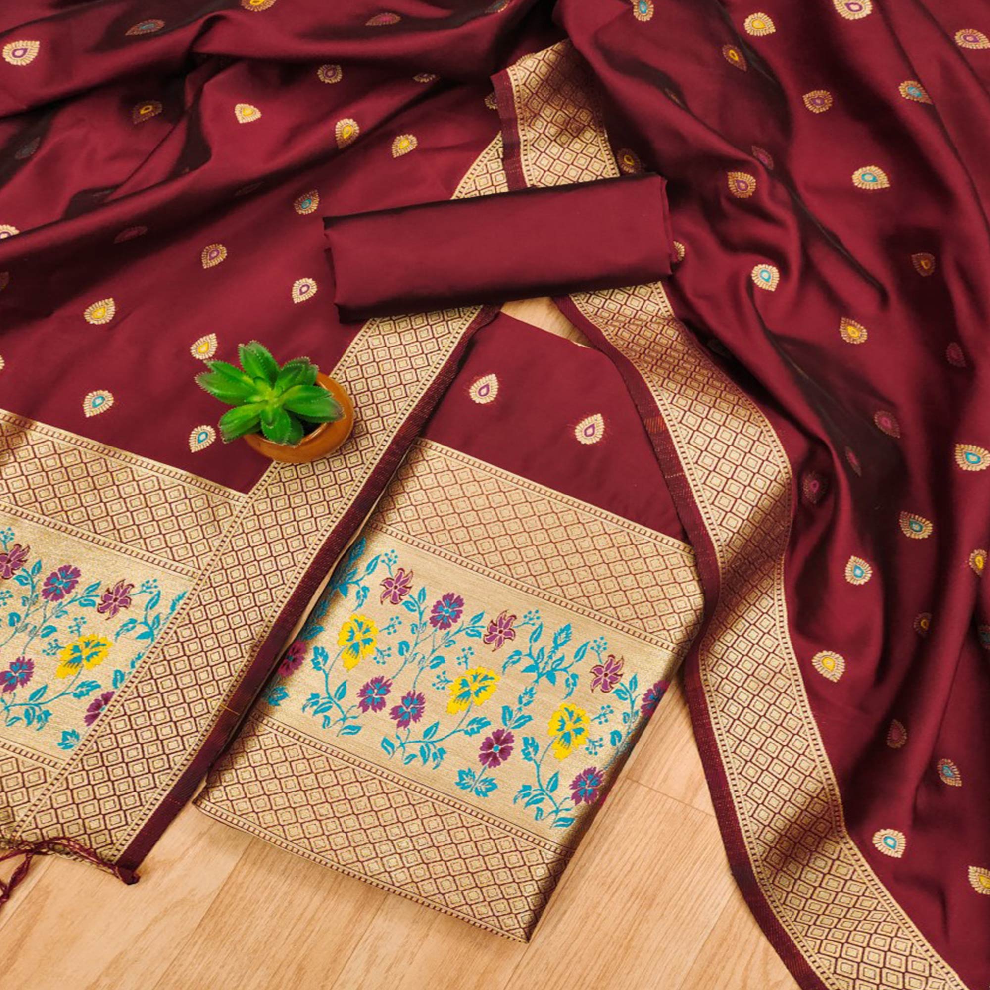 Maroon Floral Zari Woven Banarasi Silk Dress Material