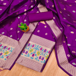 Purple Floral Zari Woven Banarasi Silk Dress Material