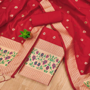 Red Floral Zari Woven Banarasi Silk Dress Material