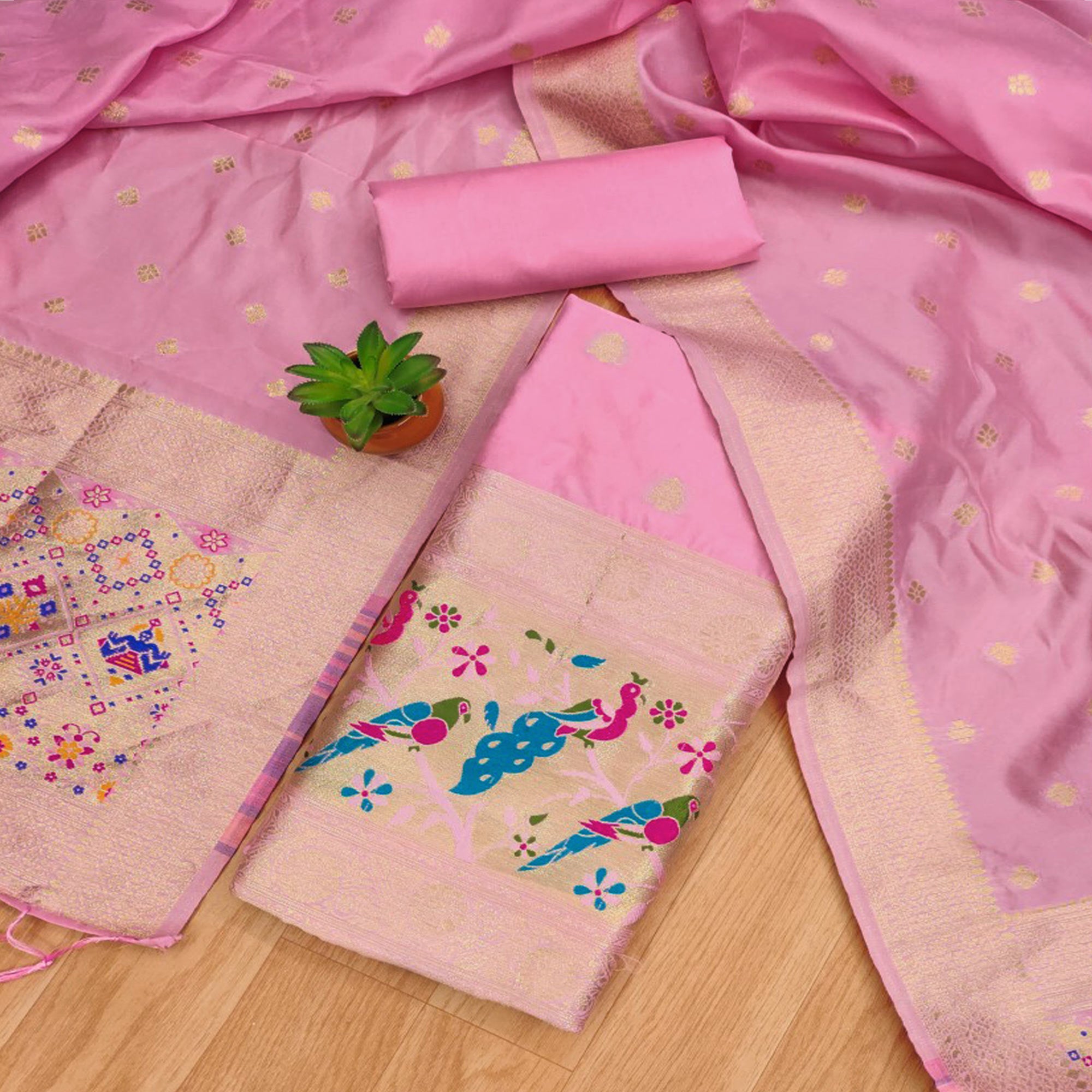 Baby Pink Floral Zari Woven Banarasi Silk Dress Material