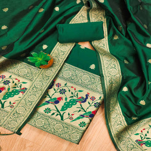 Green Floral Zari Woven Banarasi Silk Dress Material