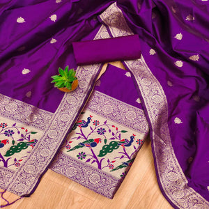 Purple Floral Zari Woven Banarasi Silk Dress Material
