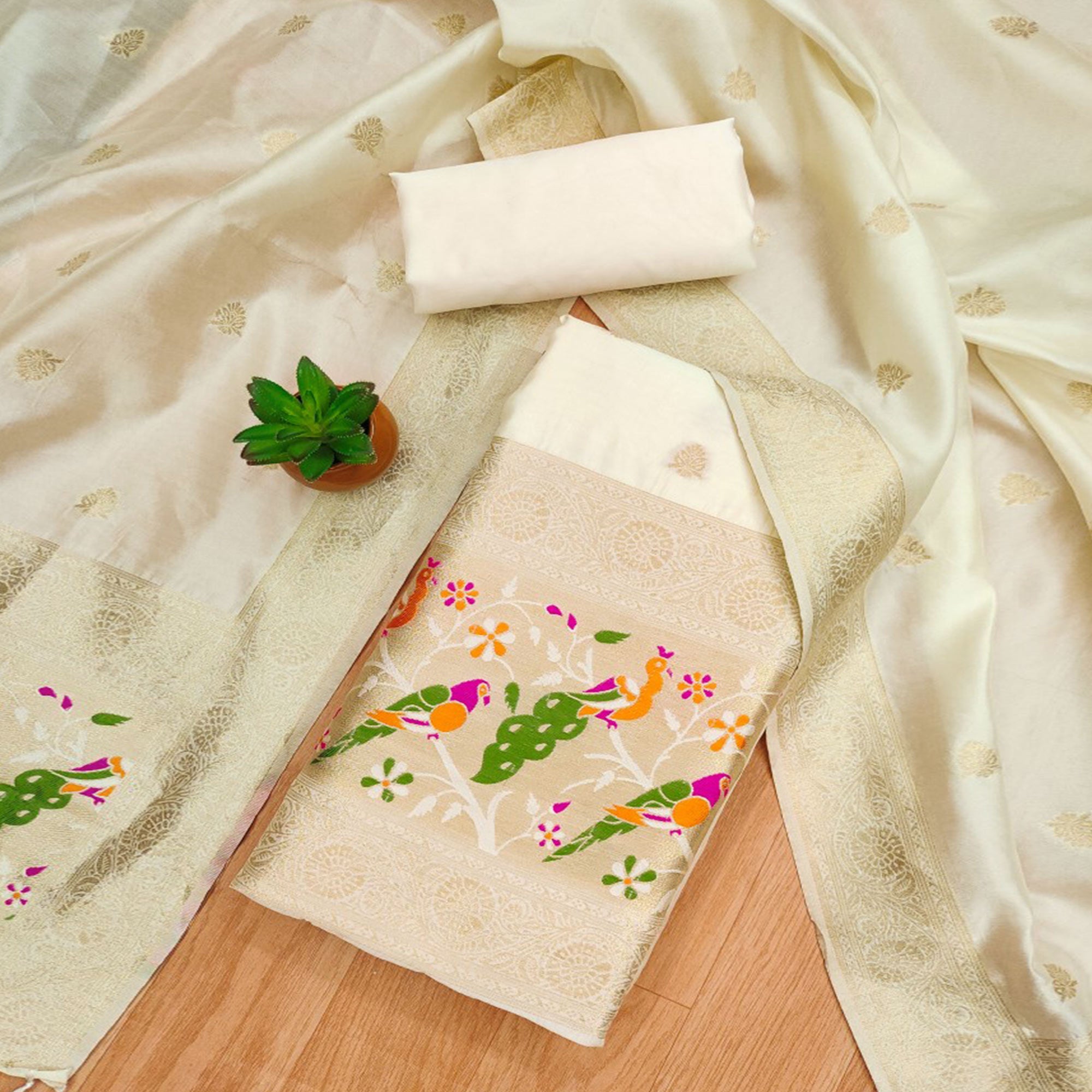 White Floral Zari Woven Banarasi Silk Dress Material