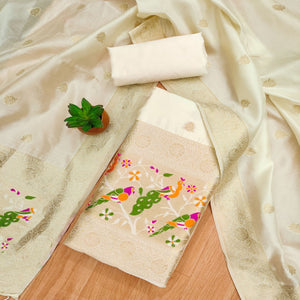 White Floral Zari Woven Banarasi Silk Dress Material