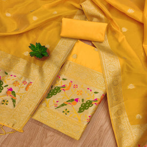 Yellow Floral Zari Woven Banarasi Silk Dress Material