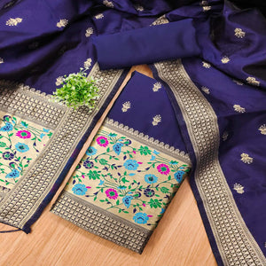 Navy Blue Floral Zari Woven Banarasi Silk Dress Material