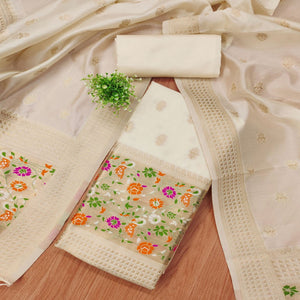 Offwhite Floral Zari Woven Banarasi Silk Dress Material
