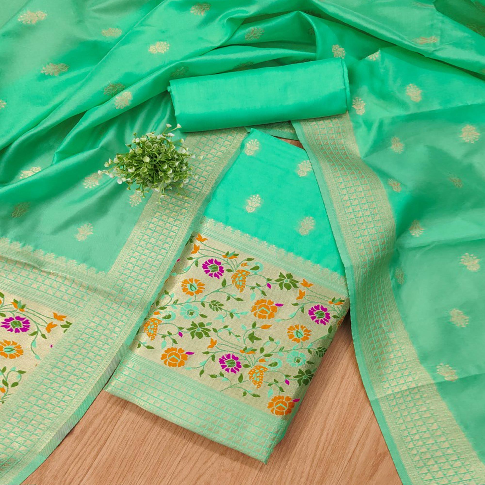 Sea Green Floral Zari Woven Banarasi Silk Dress Material