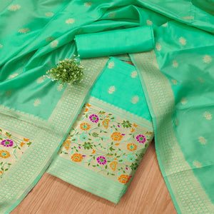 Sea Green Floral Zari Woven Banarasi Silk Dress Material
