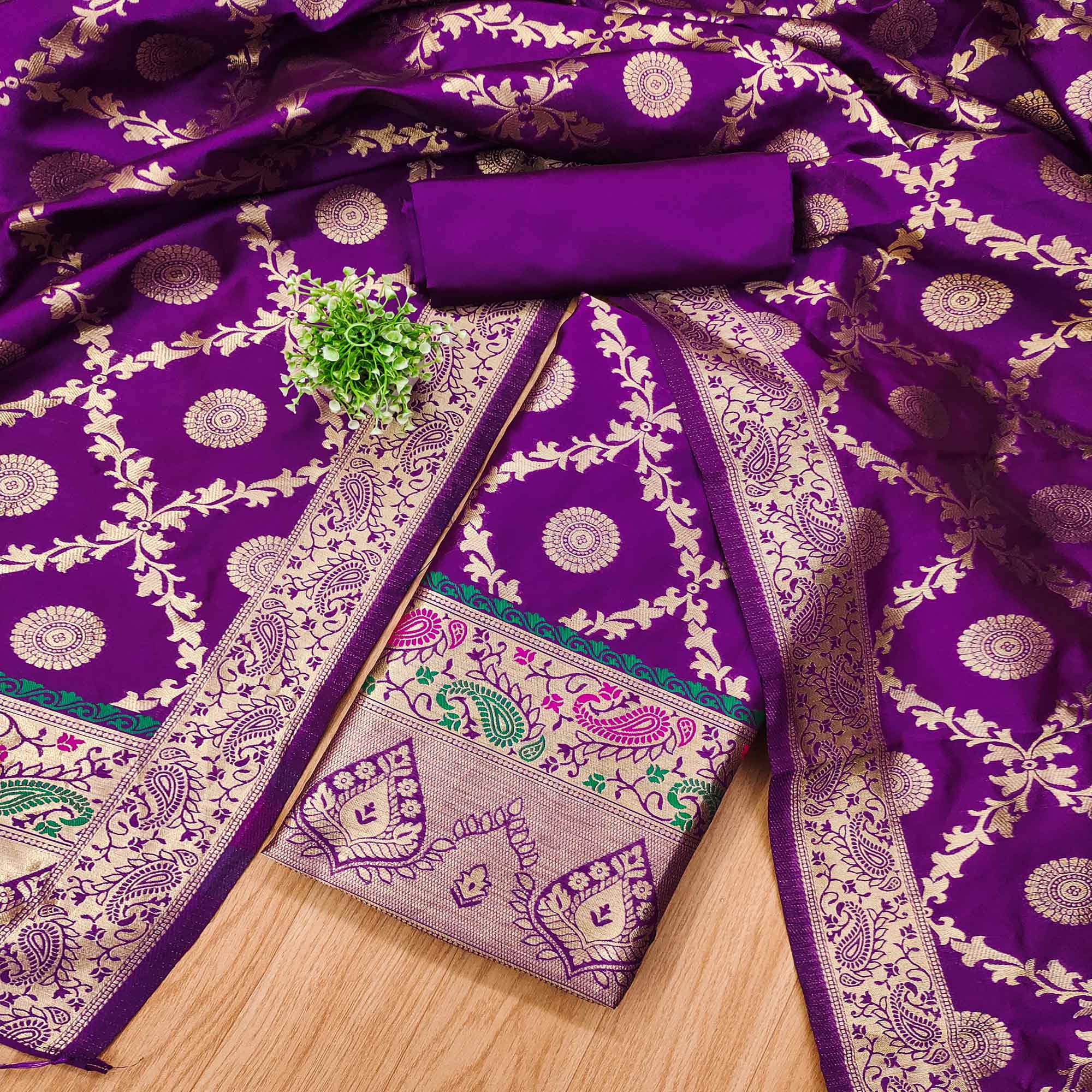 Purple Zari Woven Banarasi Silk Dress Material With Elegant Floral Motifs