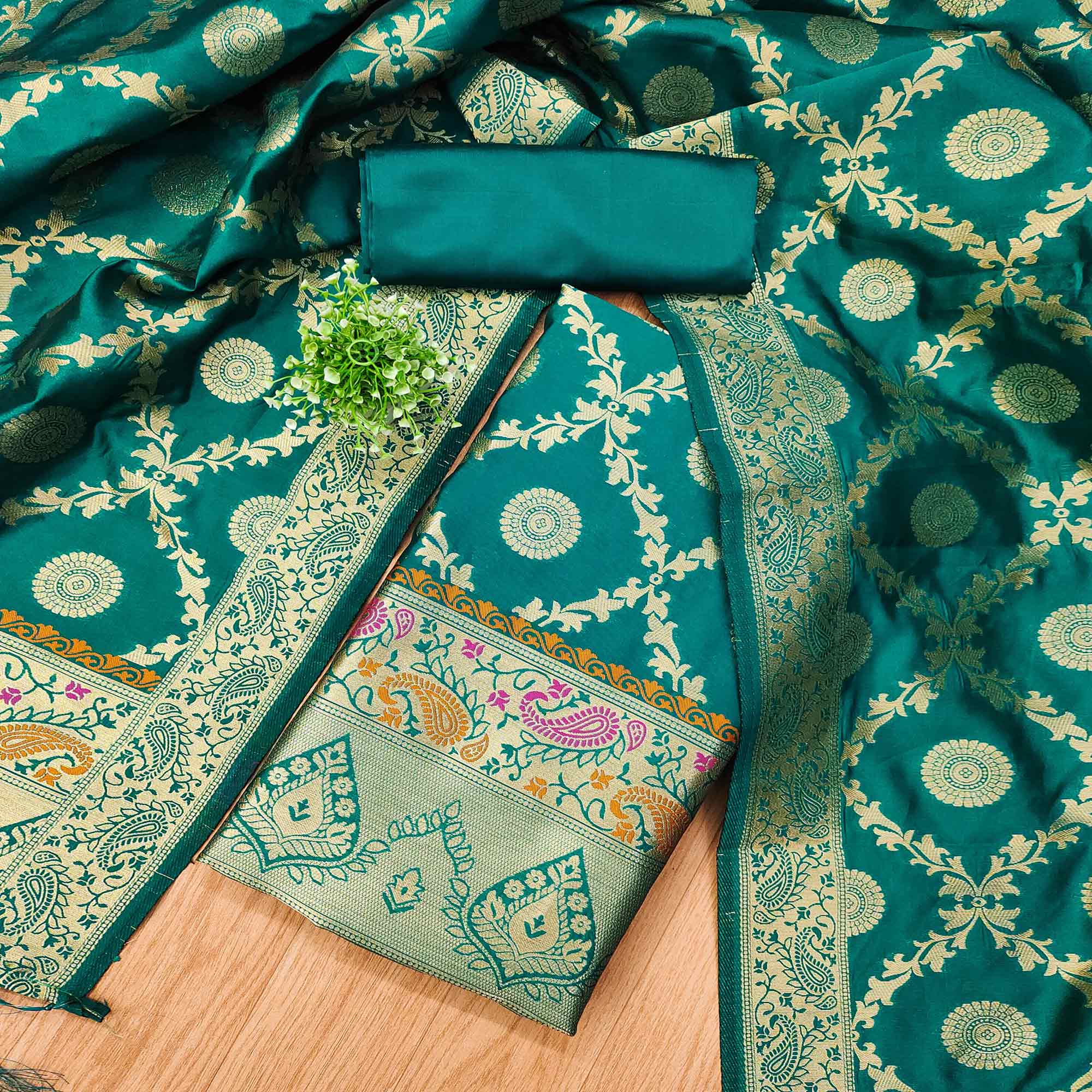 Rama Green Zari Woven Banarasi Silk Dress Material With Elegant Floral Motifs
