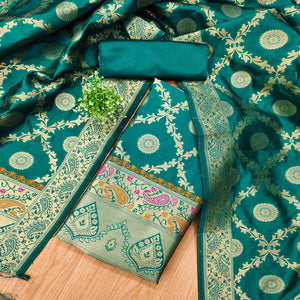 Rama Green Zari Woven Banarasi Silk Dress Material With Elegant Floral Motifs