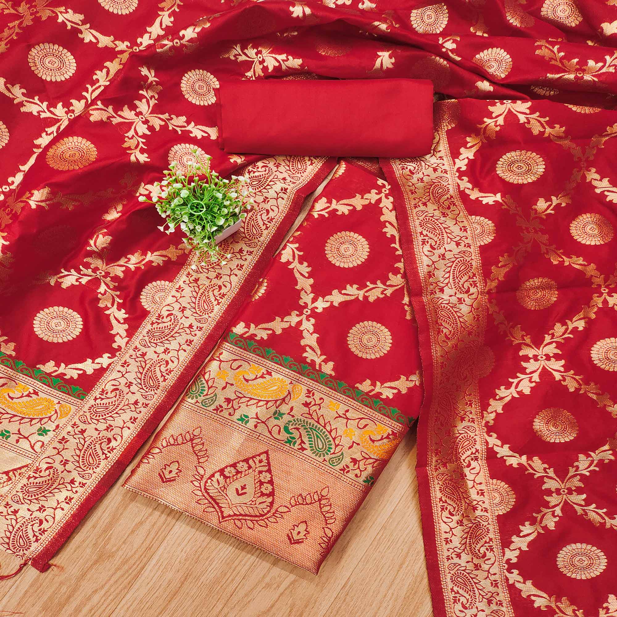 Red Zari Woven Banarasi Silk Dress Material With Elegant Floral Motifs