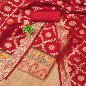 Red Zari Woven Banarasi Silk Dress Material With Elegant Floral Motifs