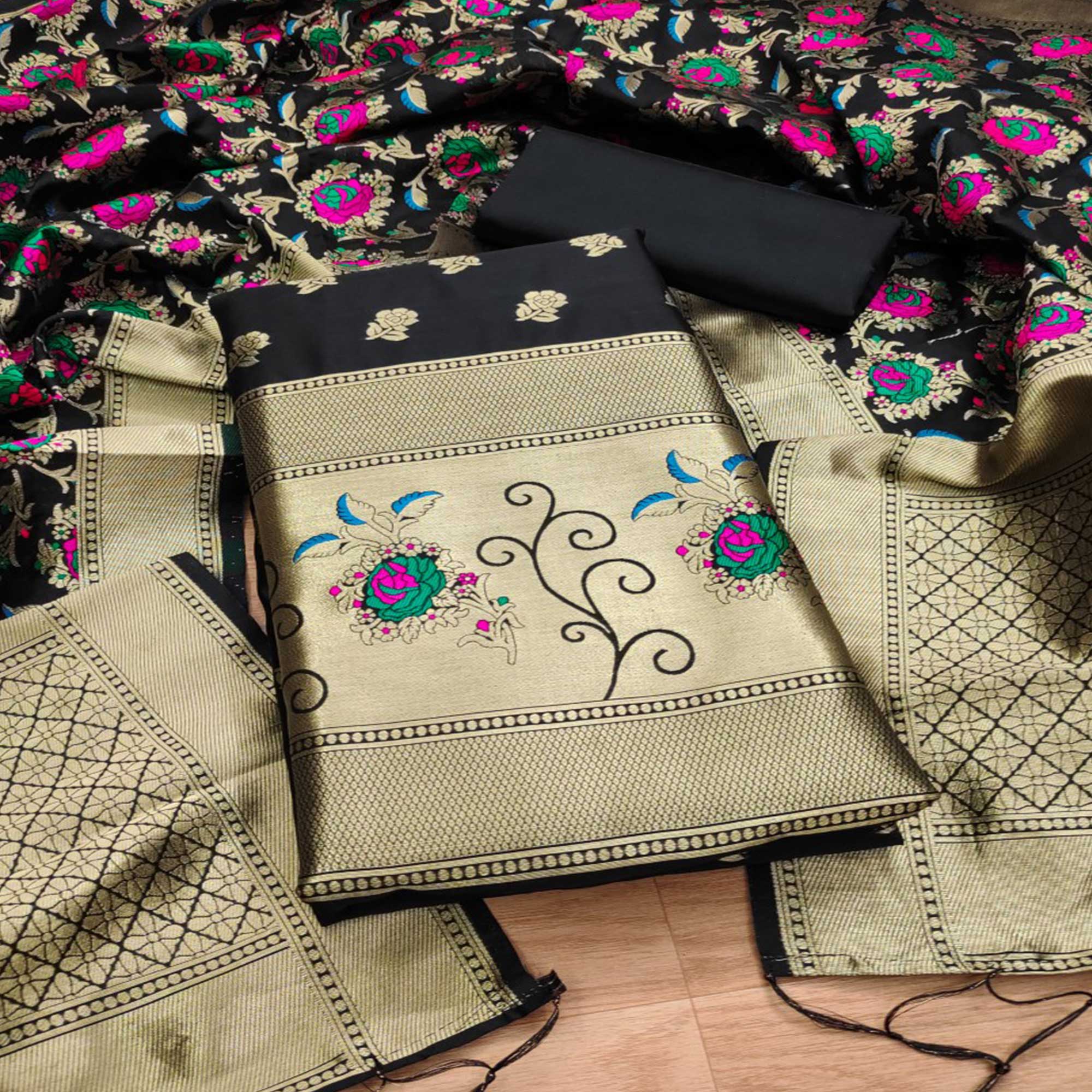 Black Floral Woven Banarasi Silk Dress Material