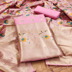 Baby Pink Floral Woven Banarasi Silk Dress Material
