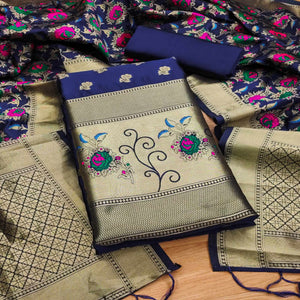 Navy Blue Floral Woven Banarasi Silk Dress Material