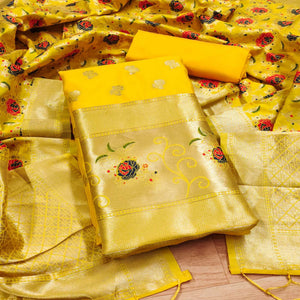 Yellow Floral Woven Banarasi Silk Dress Material