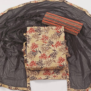 Chikoo & Brown Foil Printed With Handwork Pure Pure Cotton Dress Material