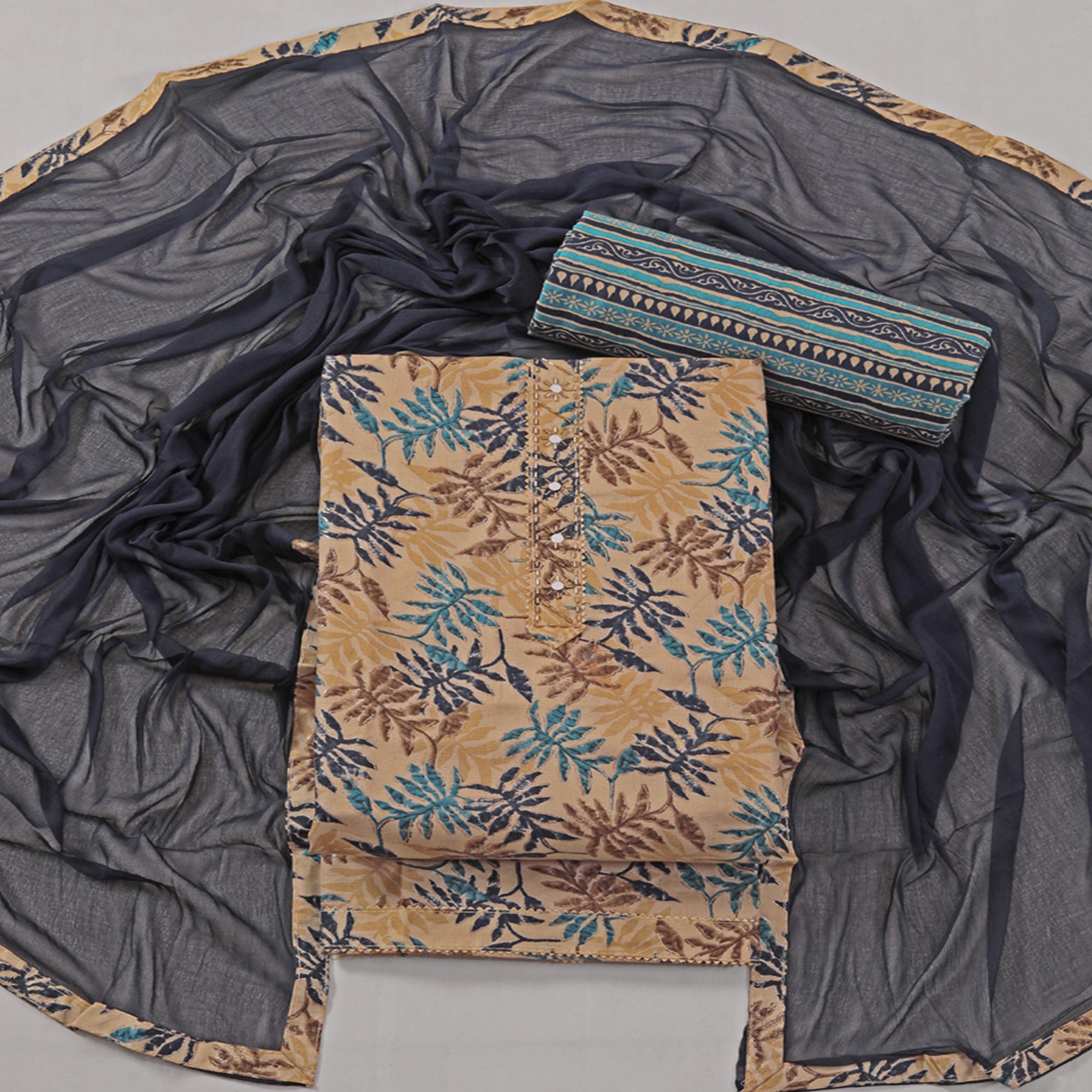 Chikoo & Navy Blue Foil Printed With Handwork Pure Pure Cotton Dress Material