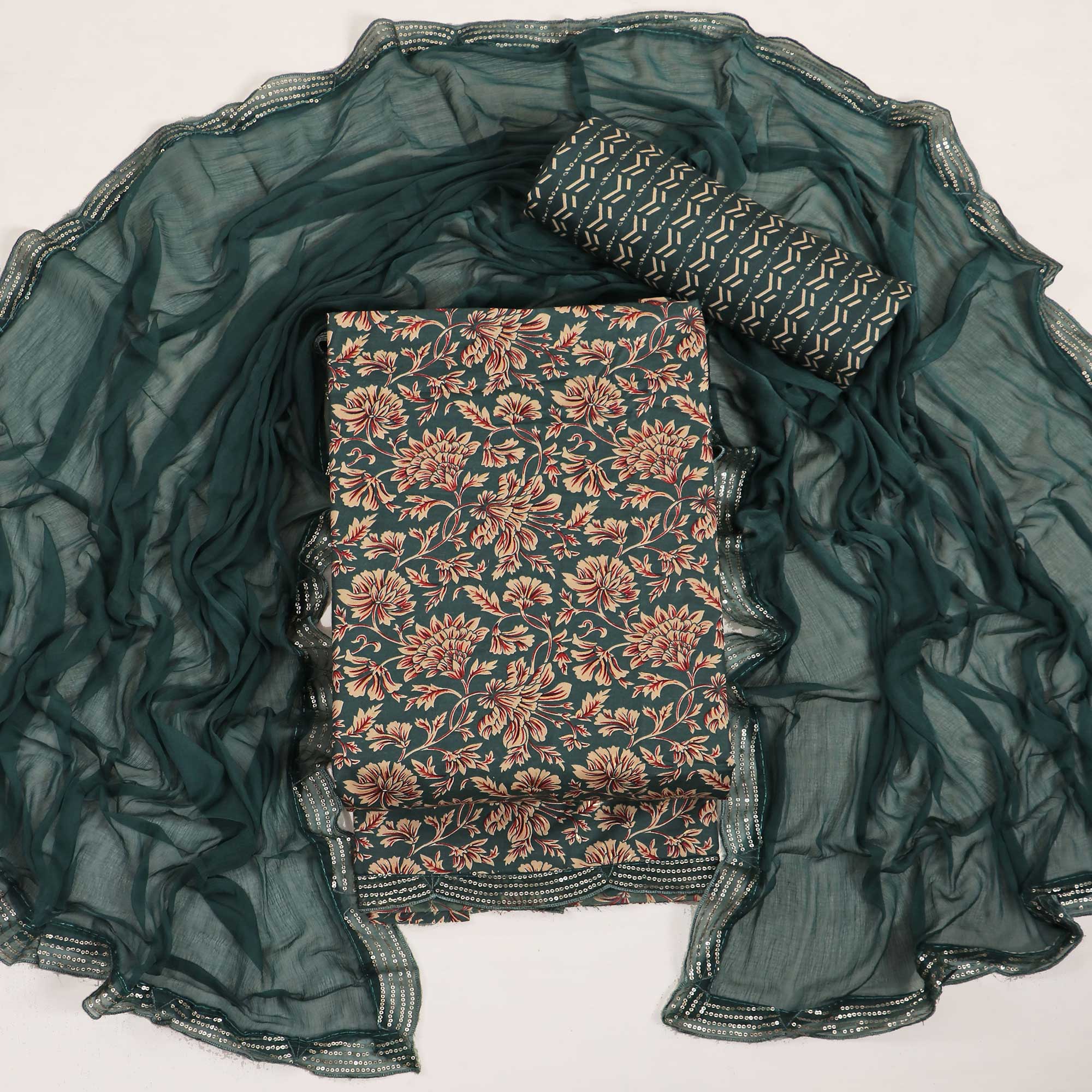 Teal Floral Foil Printed Cotton Blend Dress Material