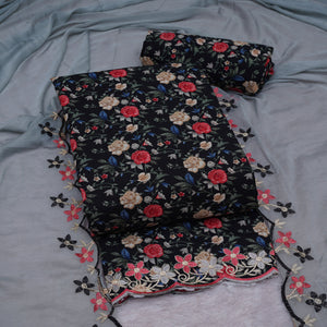 Black Floral Printed With Embroidery Cotton Silk Dress Material