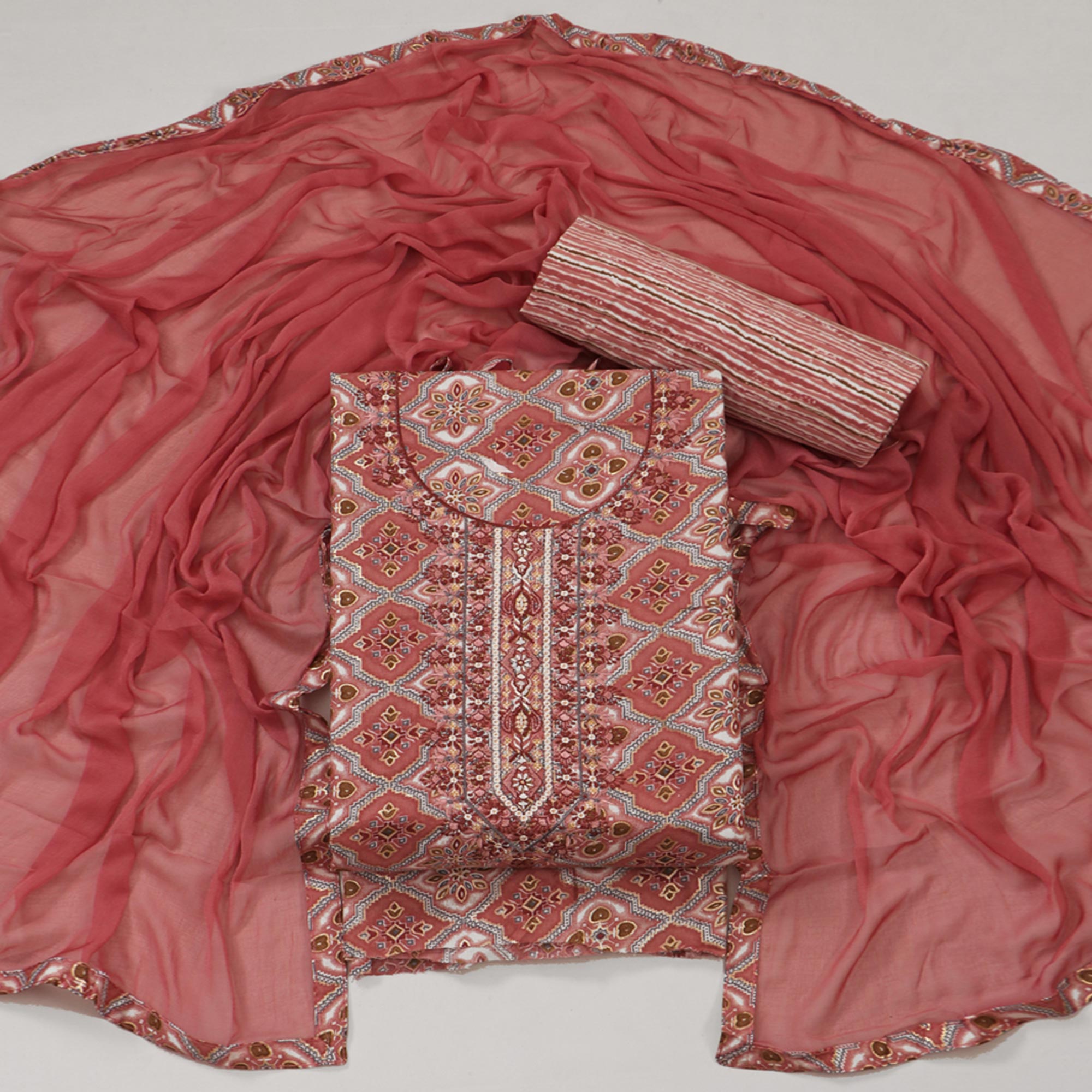 Peach Foil Print With Embroidered Pure Cotton Dress Material