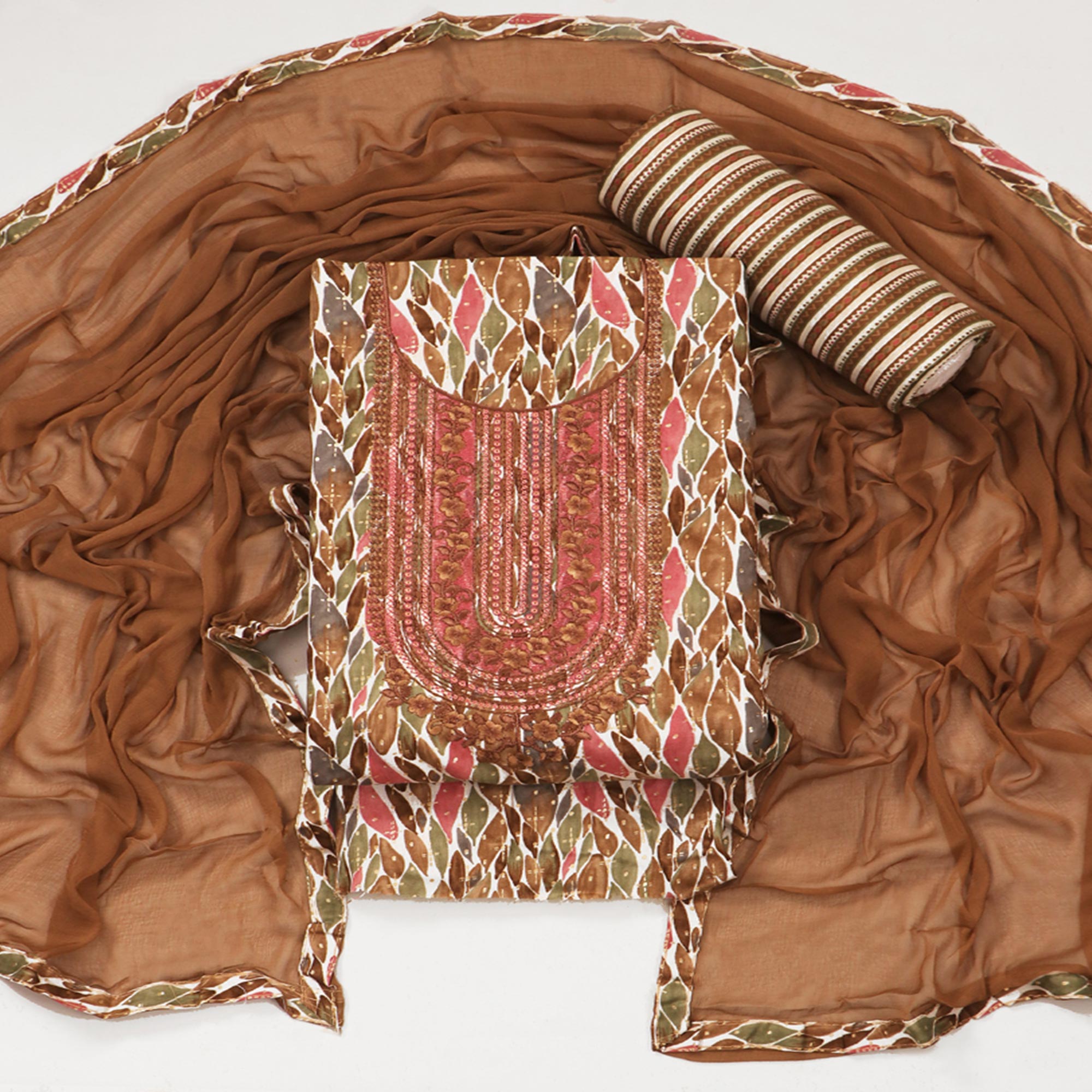 Brown Foil Printed With Embroidery Pure Cotton Dress Material